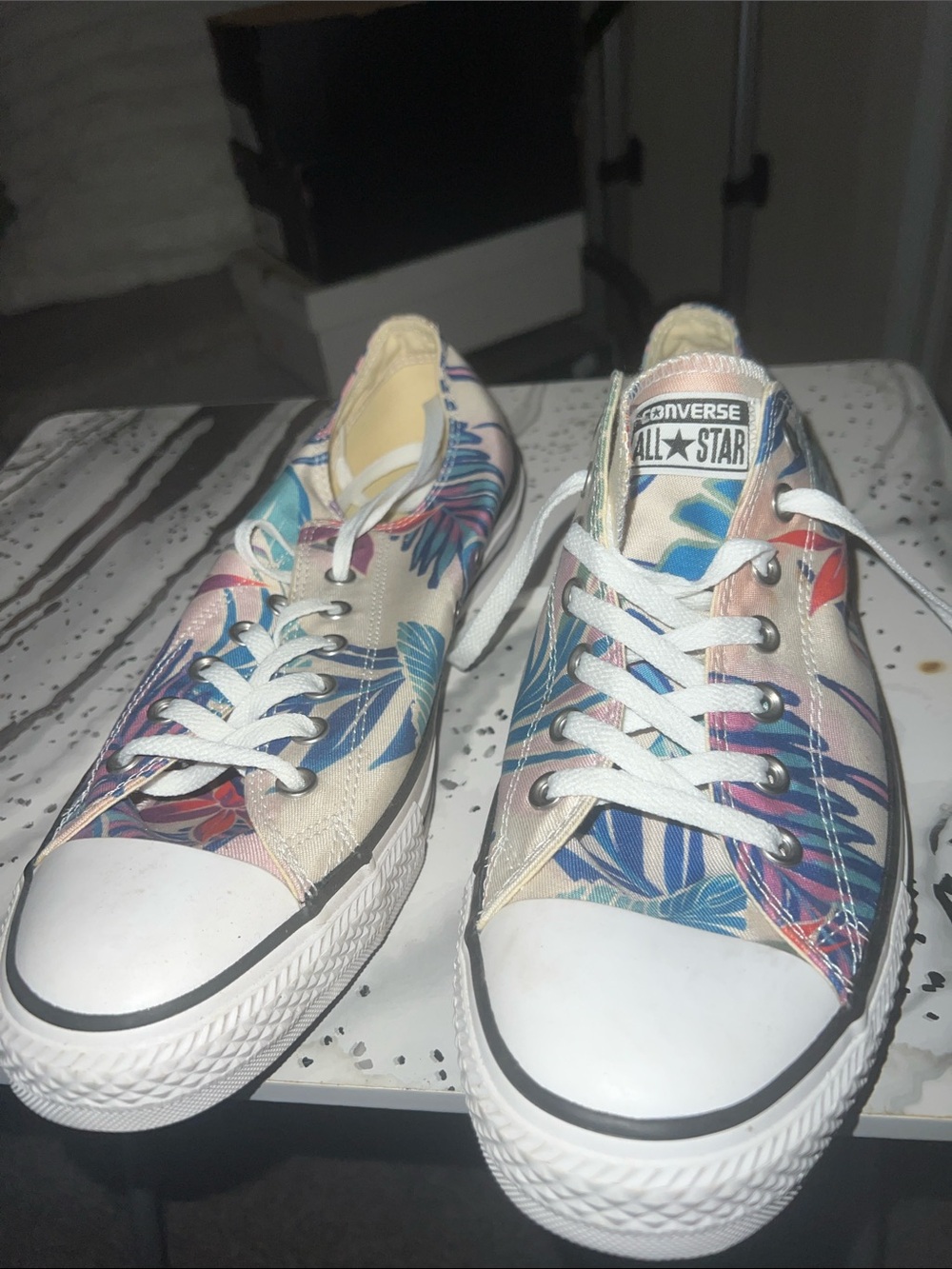 Converse Low Top Floral Canvas Sneakers - Cream with Blue & Pink Accents